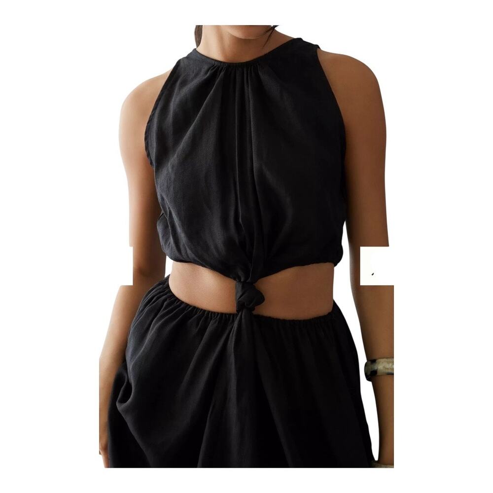 NWT Faithfull The Brand Maxi Dress Size L Black El Toro Cutout Linen Knot Front - Picture 2 of 10